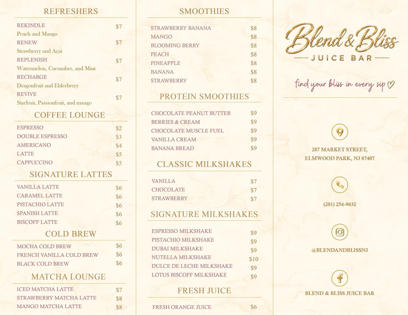 Blend & Bliss food menu with açaí bowls, fruit salad, waffles, waffle sticks, crepes, and Dubai specials